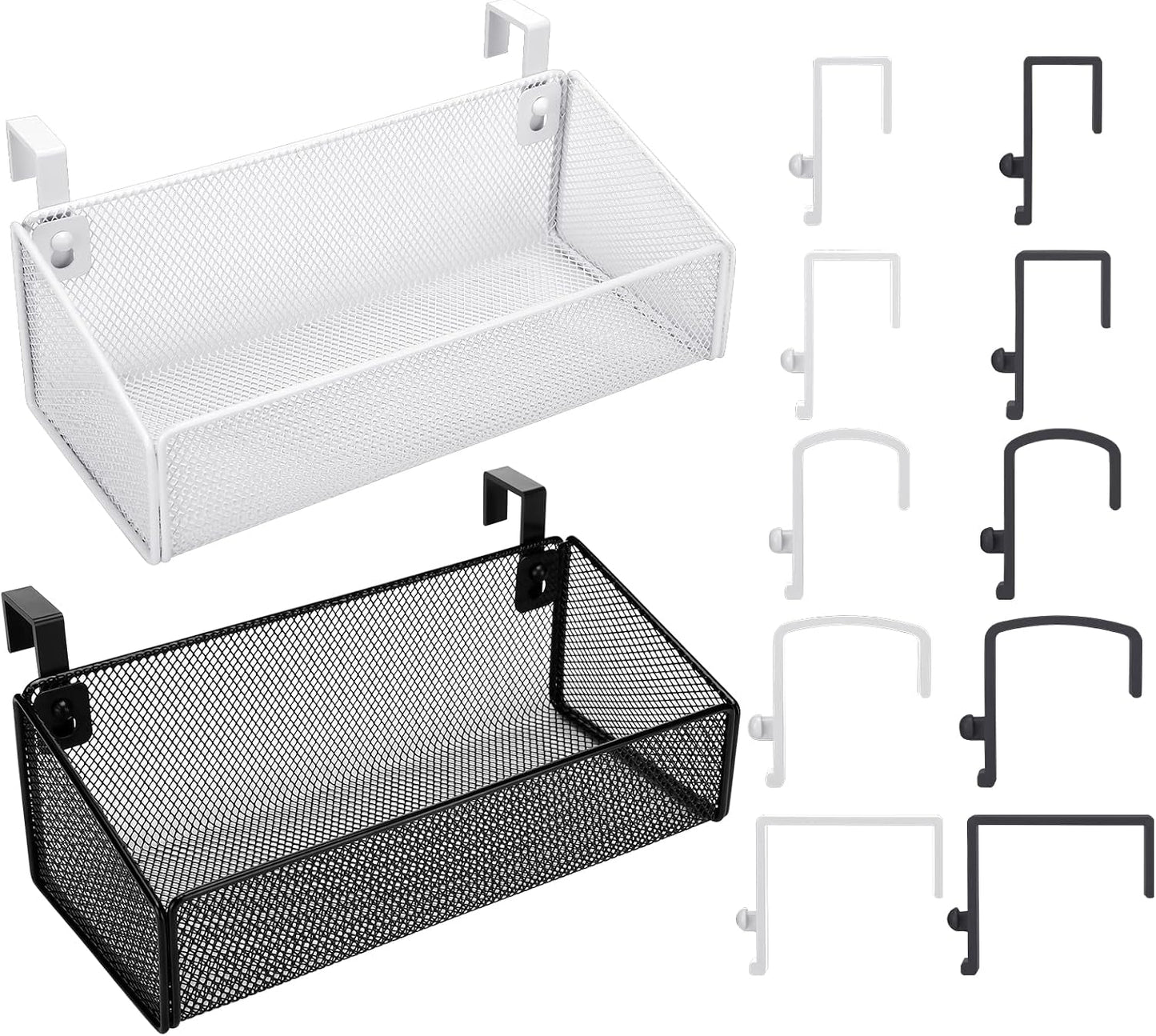 Rtteri 2 Sets Bedside Shelf Caddy Metal Hanging Storage Basket Organizer with 10 Pair 5 Different Size Hooks for Dorm Bunk Bed Bedroom for Magazine Phone Drinks(White)