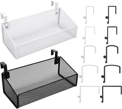 Rtteri 2 Sets Bedside Shelf Caddy Metal Hanging Storage Basket Organizer with 10 Pair 5 Different Size Hooks for Dorm Bunk Bed Bedroom for Magazine Phone Drinks(White)