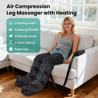 Leg Massager with Heat and Comression for Circulation and Pain Relief | Foot and Leg Massager Air Compression Boots with 9 Intensity Levels, Full Leg Recovery Therapy Mechine