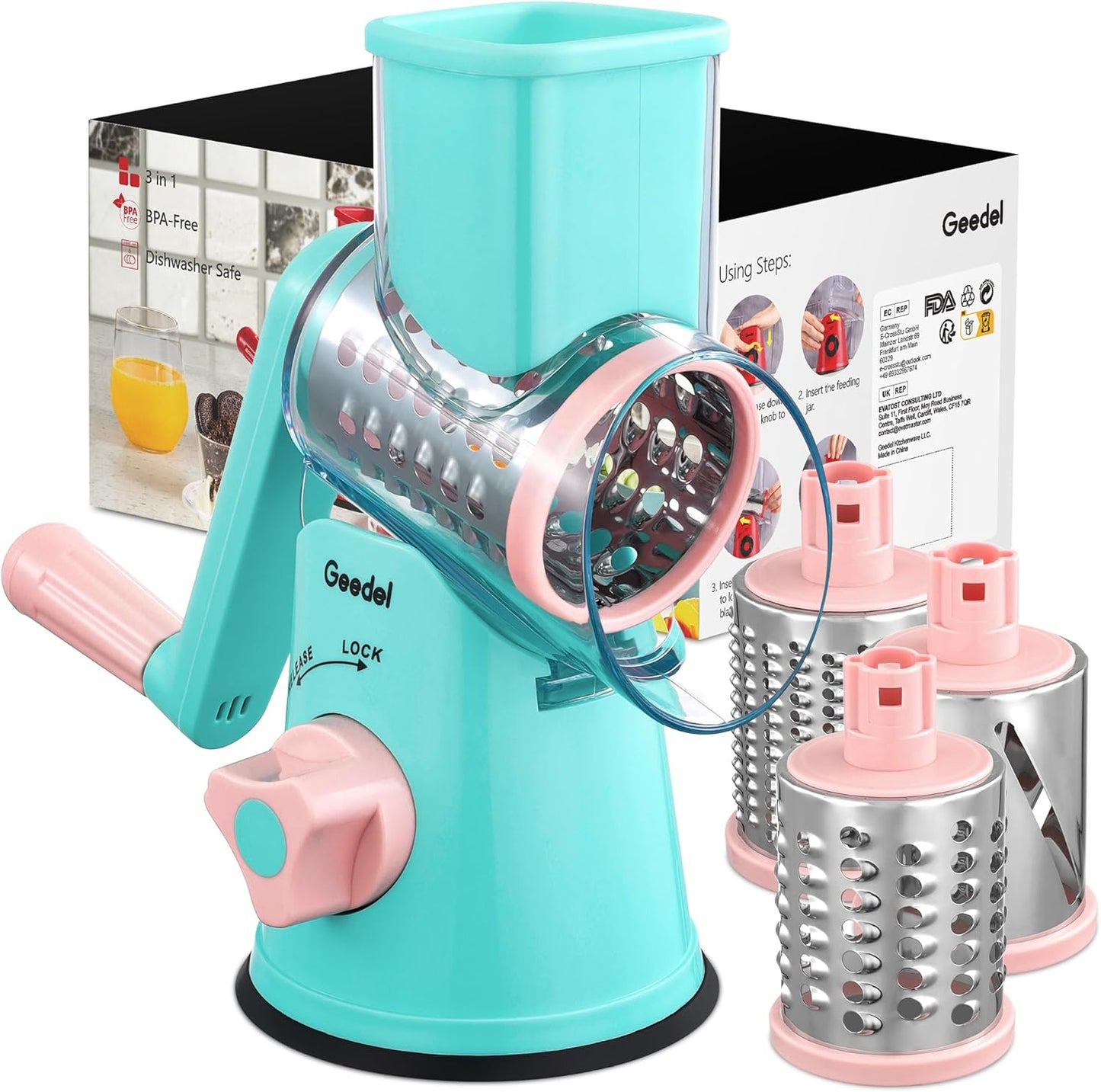 Geedel Rotary Cheese Grater, Kitchen Mandoline Vegetable Slicer with 3 Interchangeable Blades, Easy to Clean Rotary Grater Slicer for Fruit, Vegetables, Nuts | 3 Blades, 430 Stainless Steel, 12x Fast Cutting, Strong Suction Base, No BPA, Dishwasher Safe,