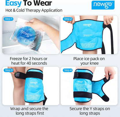 NEWGO Knee Ice Pack Wrap, 360° Full Wrap, Blue | Y-shaped Strap Stays Put, Reusable for Knee Replacement, ACL, Arthritis, Swelling, and Sports Injuries, 21.7" x 9.8"