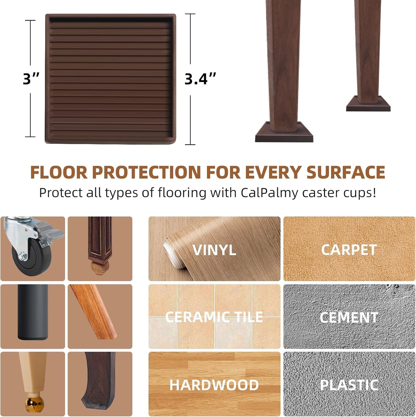 CalPalmy Non-Slip Furniture Pads - Set of 8 Brown 5x5 Square Rubber Anti-Skid Caster Cups for Couch, Chair, Bed, and Furniture Legs - Durable Floor Grip Coasters to Prevent Sliding