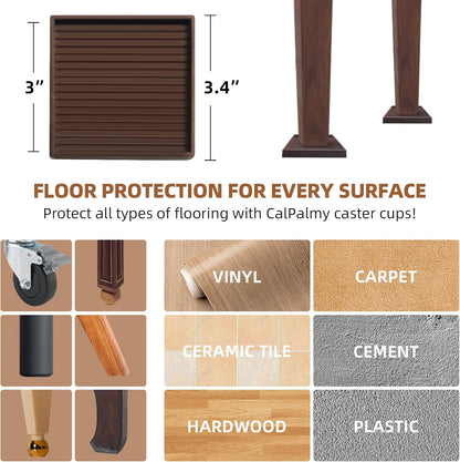 CalPalmy Non-Slip Furniture Pads - Set of 8 Brown 5x5 Square Rubber Anti-Skid Caster Cups for Couch, Chair, Bed, and Furniture Legs - Durable Floor Grip Coasters to Prevent Sliding