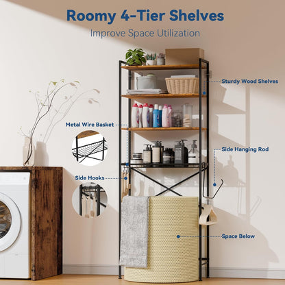 Laundry Room Storage Shelf & Organizer, 2 Tier Metal Over Washer and Dryer Shelves, Washing Machine Shelf with Hanger Rod, Expandable Bathroom Space Saver Shelf, 26–37" L x 15.8" W x 59.5" H, Black