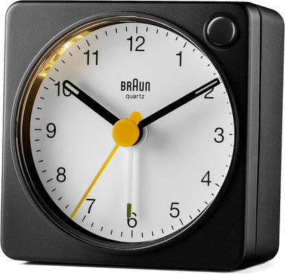Braun Classic Travel Analogue Alarm Clock with Snooze and Light, Compact Size, Quiet Quartz Movement, Crescendo Beep Alarm in Black and White, Model BC02XBW.