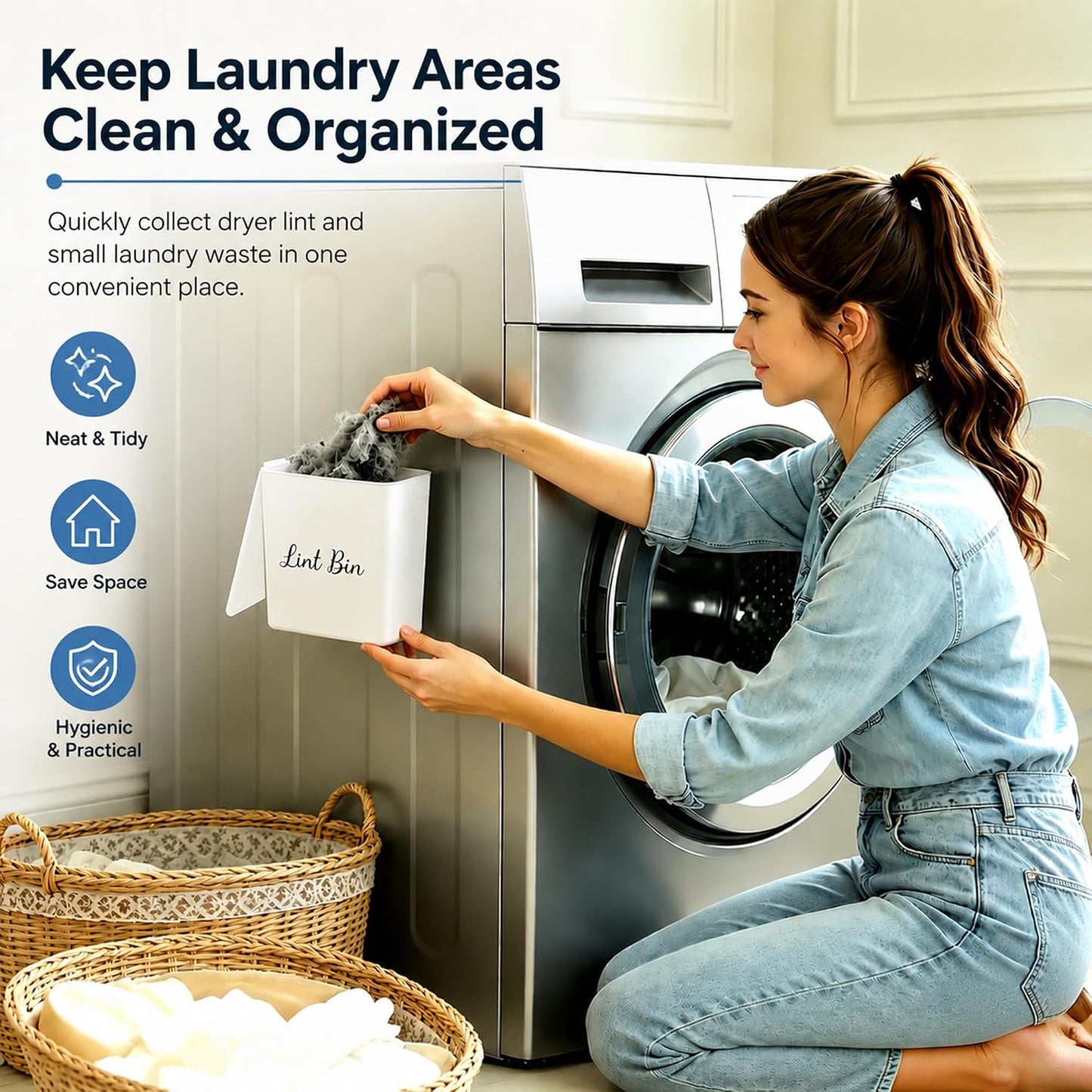 Magnetic Lint Bin with Lid for Laundry Room, Compact Plastic Dryer Lint Holder, Small Laundry Trash Container for Dryer Lint & Used Dryer Sheets, Space Saving Storage Decor Organizer (Black)