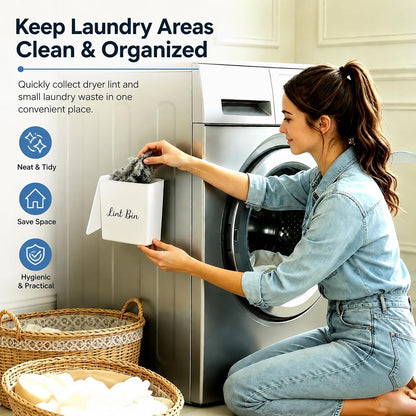 Magnetic Lint Bin with Lid for Laundry Room, Compact Plastic Dryer Lint Holder, Small Laundry Trash Container for Dryer Lint & Used Dryer Sheets, Space Saving Storage Decor Organizer (Black)