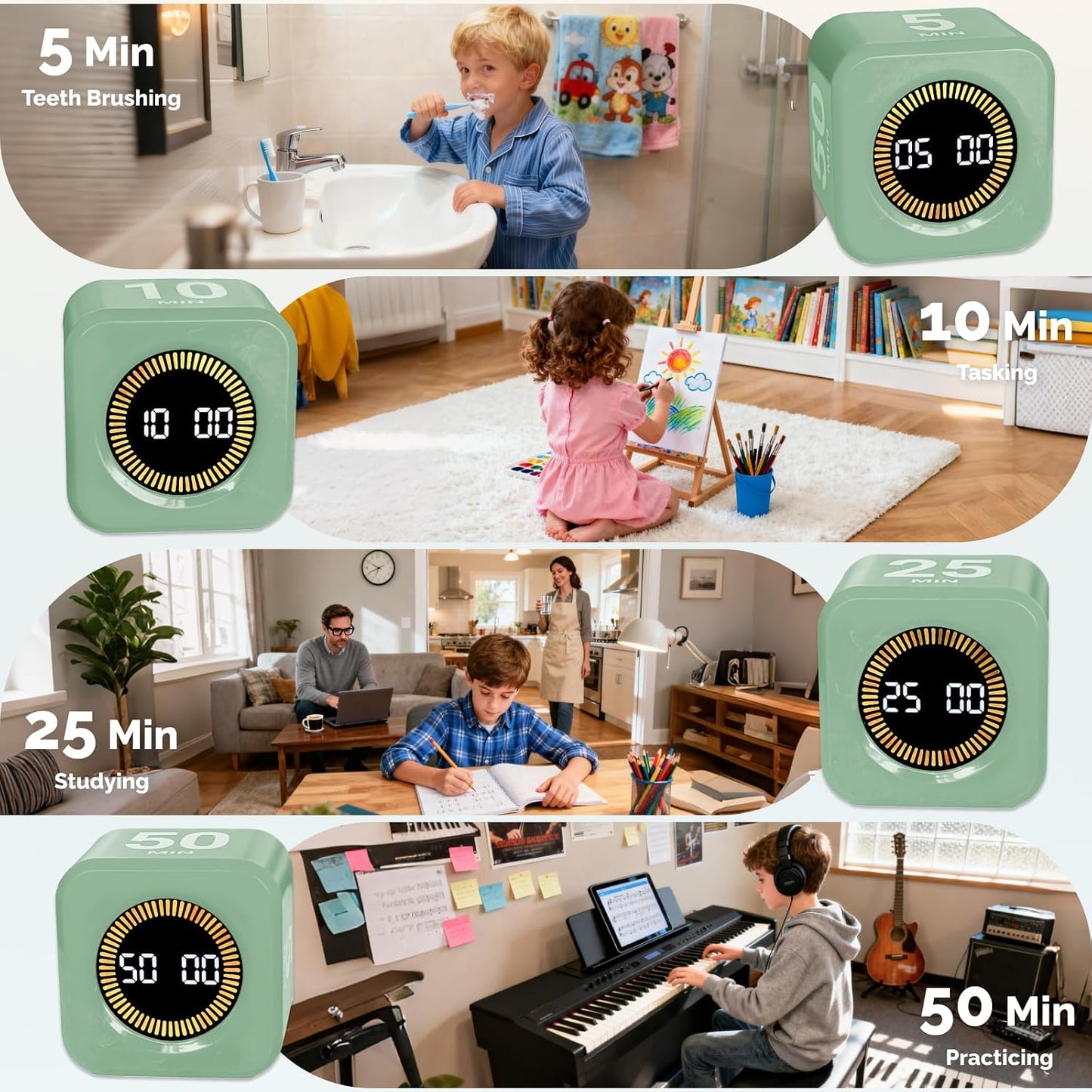KADAMS Pomodoro Timer – Visual Cube with 5/10/30/60 Min Presets, LED Countdown Ring & Count Up Mode, Silent Flip Productivity Timer for Study, Classroom, Office, Cooking (Green 5-10-30-60 min)