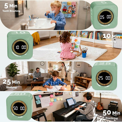 KADAMS Pomodoro Timer – Visual Cube with 5/10/30/60 Min Presets, LED Countdown Ring & Count Up Mode, Silent Flip Productivity Timer for Study, Classroom, Office, Cooking (Green 5-10-30-60 min)
