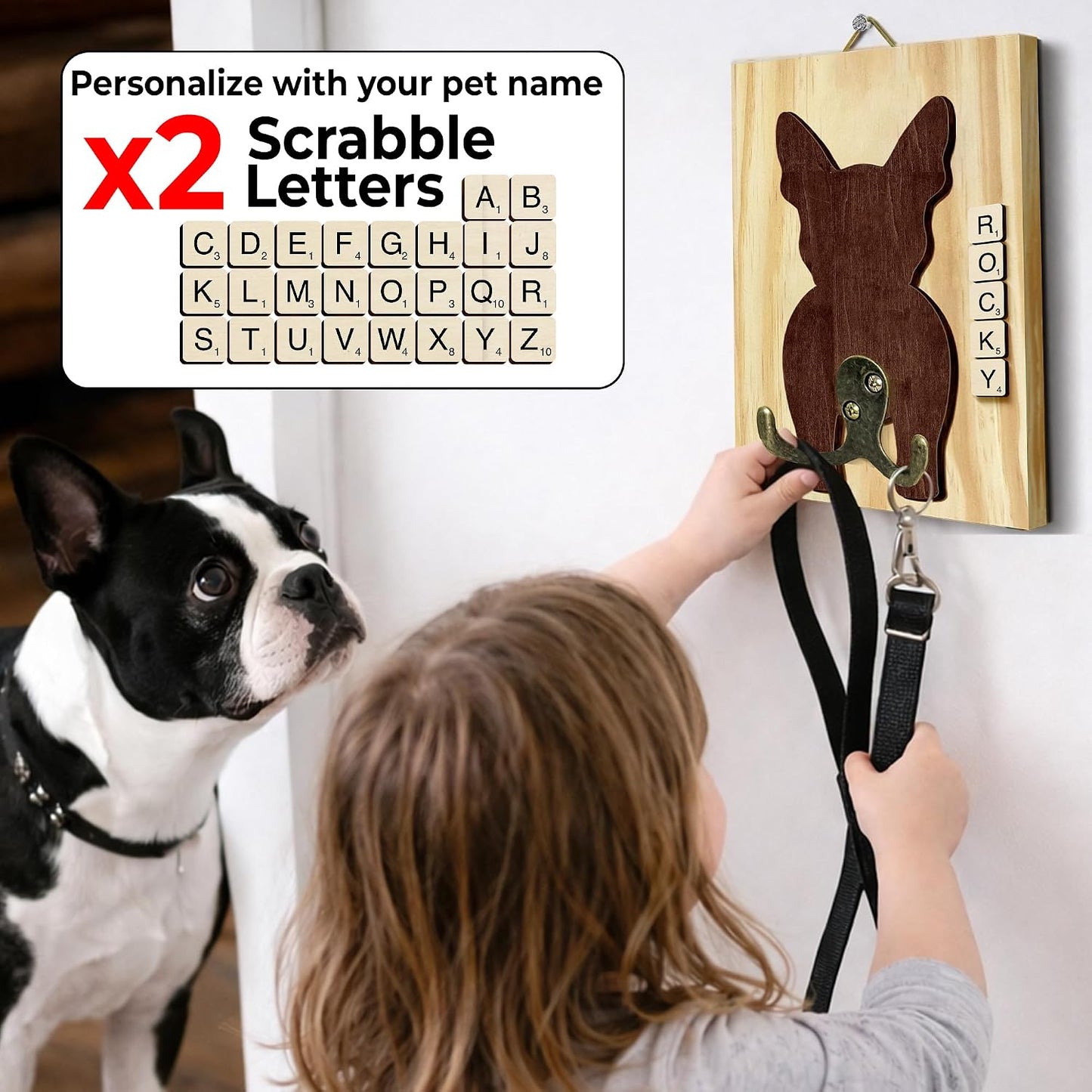Dog Leash Holder Wall Mount, Pet Harness Hanger with Scrabble Letters, Dog Collar Organizer for Entryway, Memorial Cat Leash Holder for Wall, Pet Loss Gifts, Keepsake, Home Decor PF212-NAT