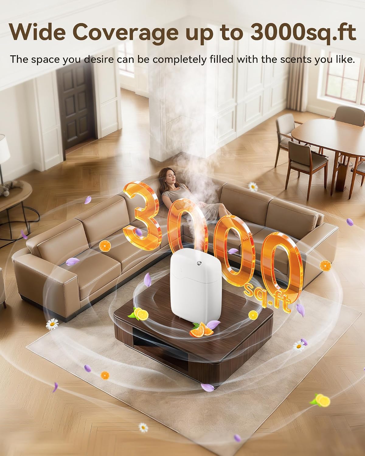 Waterless Essential Oil Diffuser with Bluetooth App Control, Smart Scent Air Machine Covers Up to 3000 Sq Ft for Home, Hotel & Spa, Quiet Aromatherapy Diffuser with Timer & Mode (White)