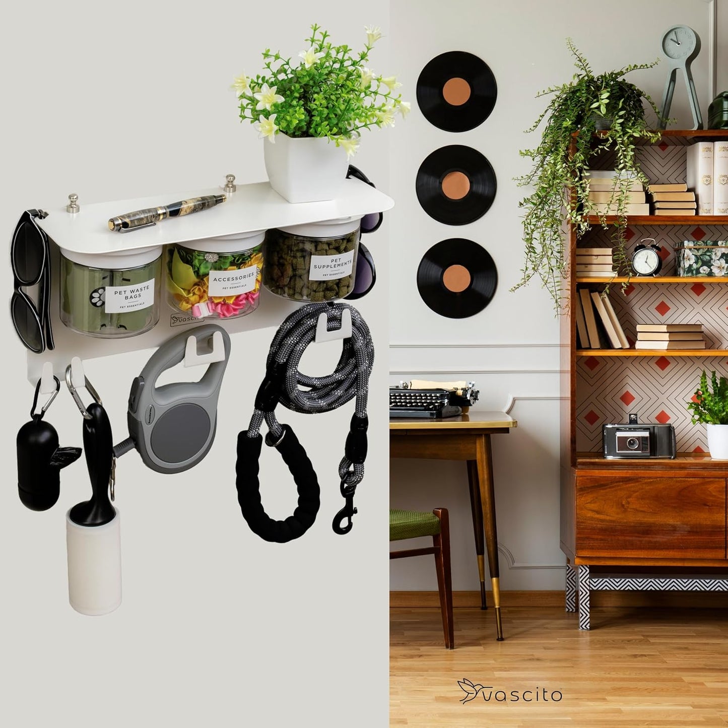 Dog Leash Holder for Wall with Shelf — Wall Mounted Dog Treat Holder & Station, 2 Airtight 32oz Treat Containers, 9 Hooks, Patented Lidless Slide-to-Seal Jars, Solid Steel, Made in USA