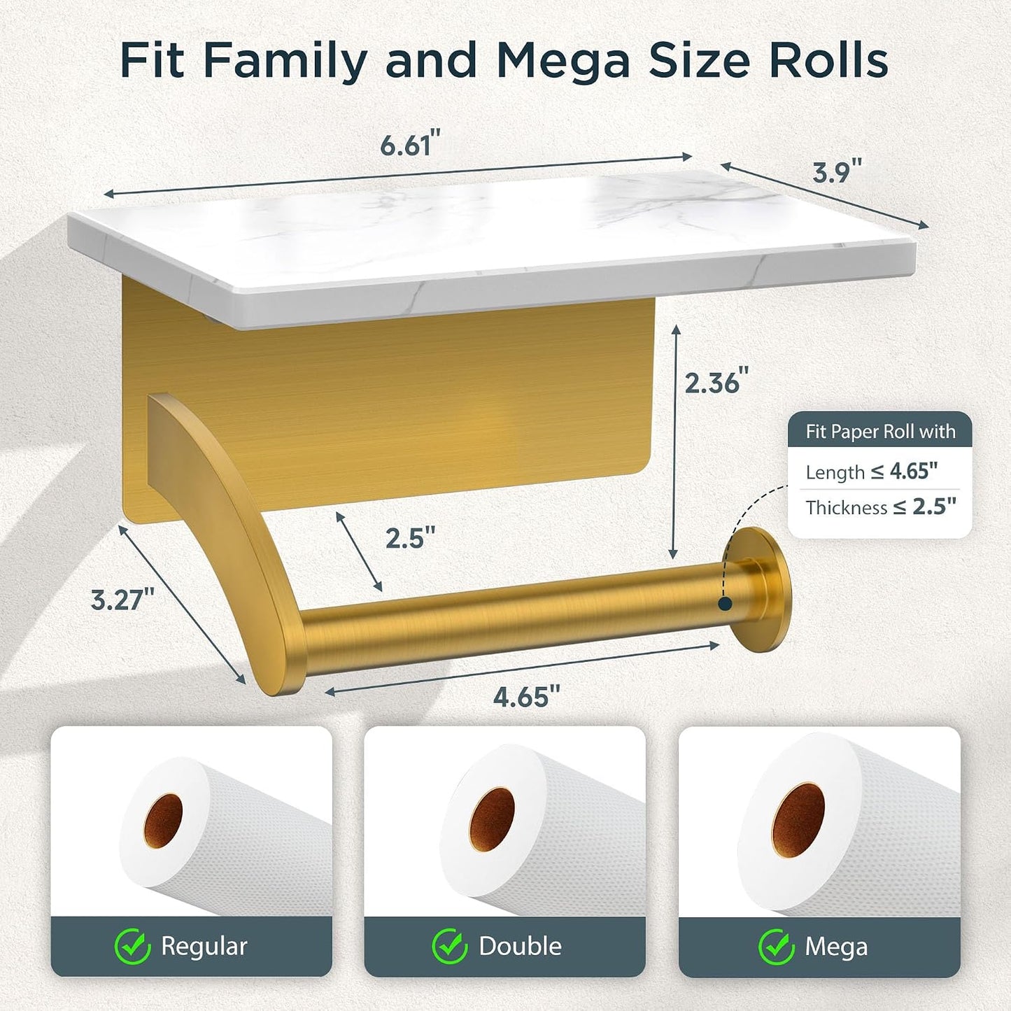 FORIOUS Toilet Paper Holder with Shelf, Natural Marble, Commercial | Brushed Nickel, Wall Mount 304 Stainless Steel Commercial Bathroom Tissue Roll Dispenser, Heavy Duty Washroom Paper Storage