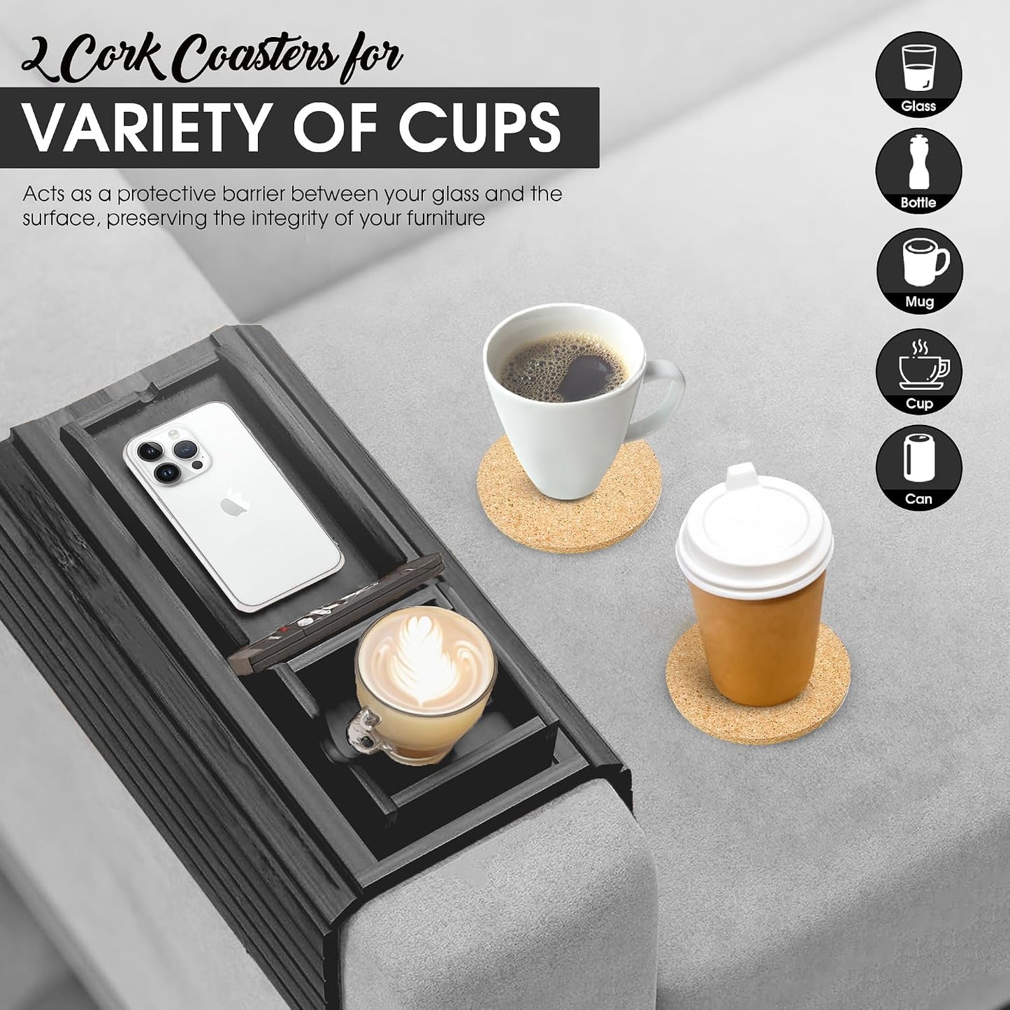 Bamboo Couch Cup Holder, 2 Cork Coasters, Anti-Slip Foldable Couch Arm Tray | 2 in 1 Foldable Sofa Arm Tray, Couch Armrest Table, Anti-Spill Couch Arm Table for Drinks TV Remote Cellphone Snacks