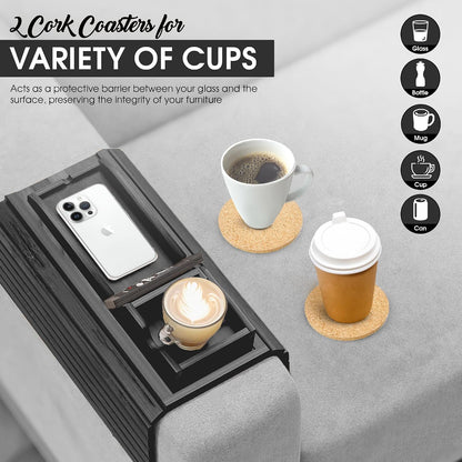 Bamboo Couch Cup Holder, 2 Cork Coasters, Anti-Slip Foldable Couch Arm Tray | 2 in 1 Foldable Sofa Arm Tray, Couch Armrest Table, Anti-Spill Couch Arm Table for Drinks TV Remote Cellphone Snacks