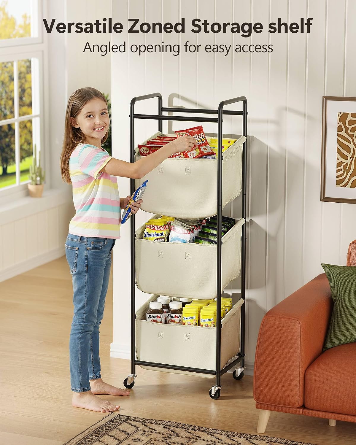 3 Section Laundry Sorter with Removable Bags, 120L Rolling Vertical Laundry Hamper, Stackable Laundry Baskets organizer for Bathroom, Apartment, Dorm (Beige, With Wheel)