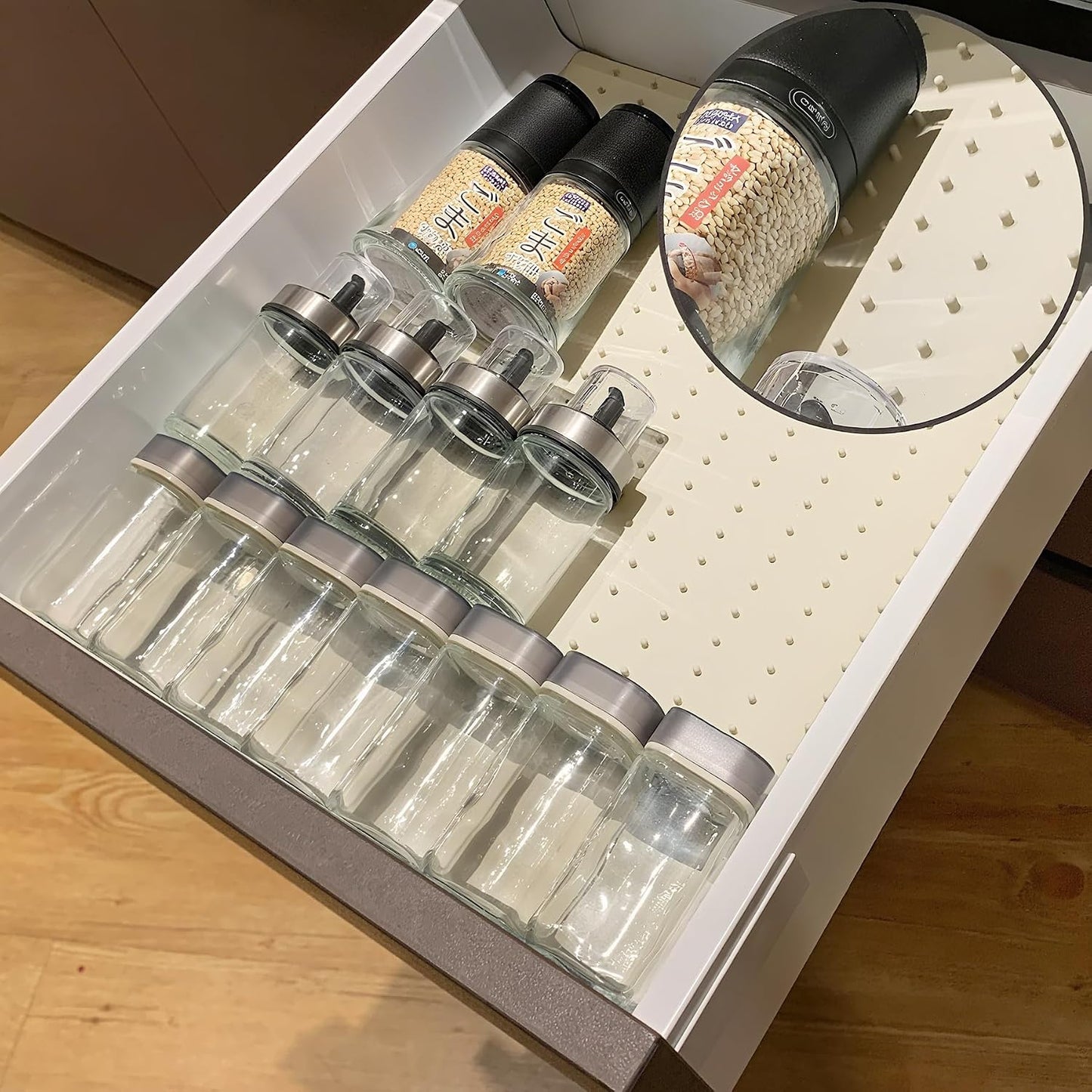 Spice Drawer Organizer Insert - Silicone Spice Drawer Liner Pearl | Adjustable non-slip liner organizer; in-drawer spice rack for seasoning jars, spice bottles, flat kitchen drawer organizer