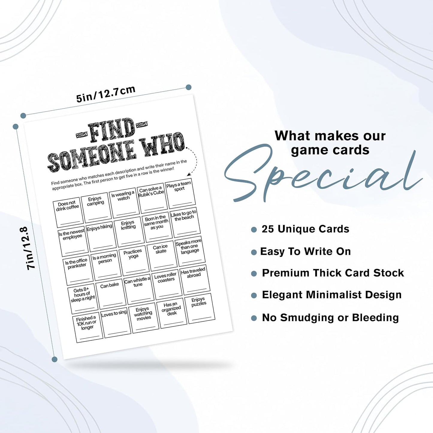 Find Someone Who Bingo Cards, 25 Unique Randomized 5x7 Sheets, Get to Know You Bingo Game for Adults, Ice Breaker Office Party Games, Team Building Games for Work, High Replay Value - A05