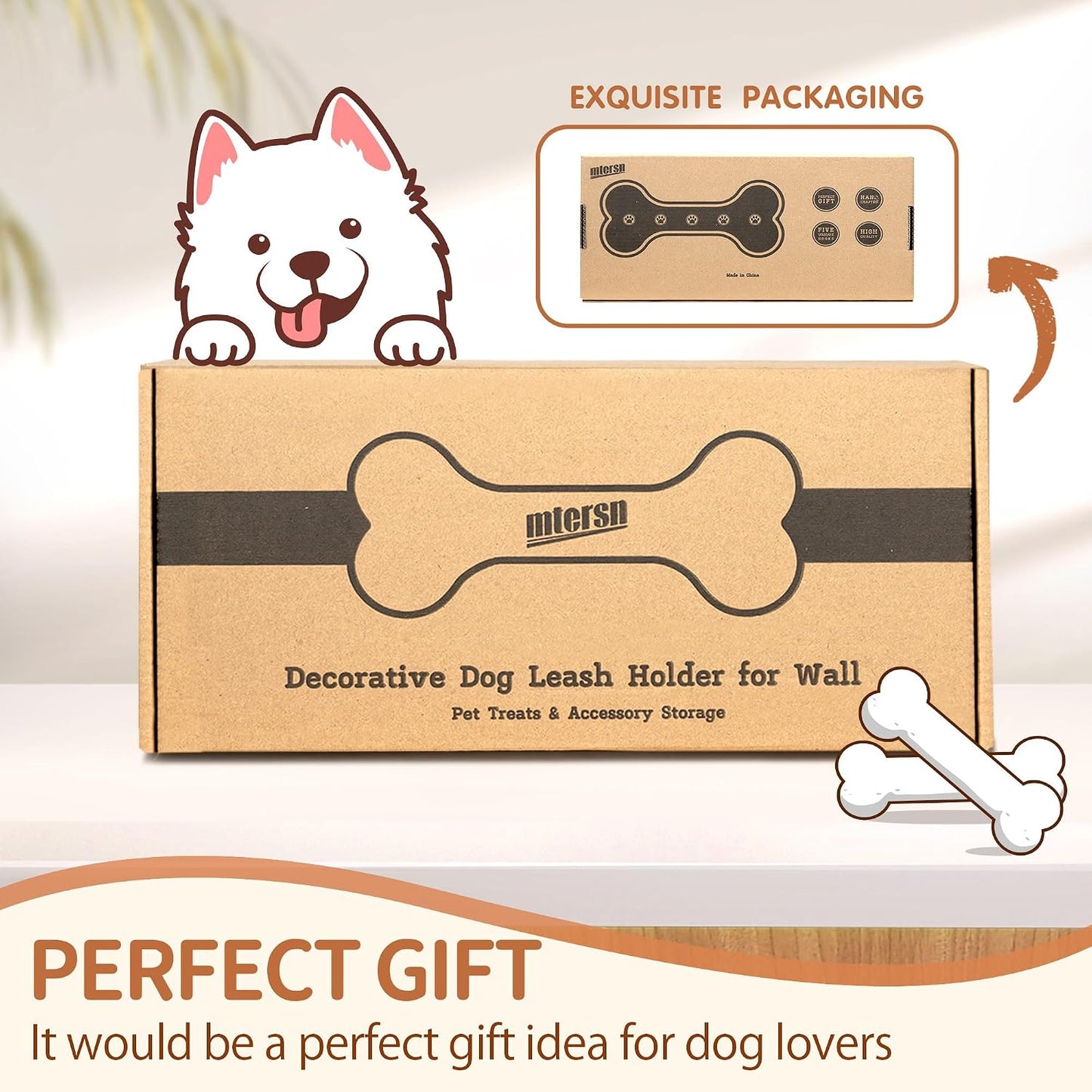MTERSN Dog Leash Holder Wall Mount with 3D Paws Hooks, Distressed White | Bone-Shaped Dog Leash Holder for Wall, Leash Holder, 5 Dog Leash Hook, Pet Accessories Storage, Gift for Dog Lovers