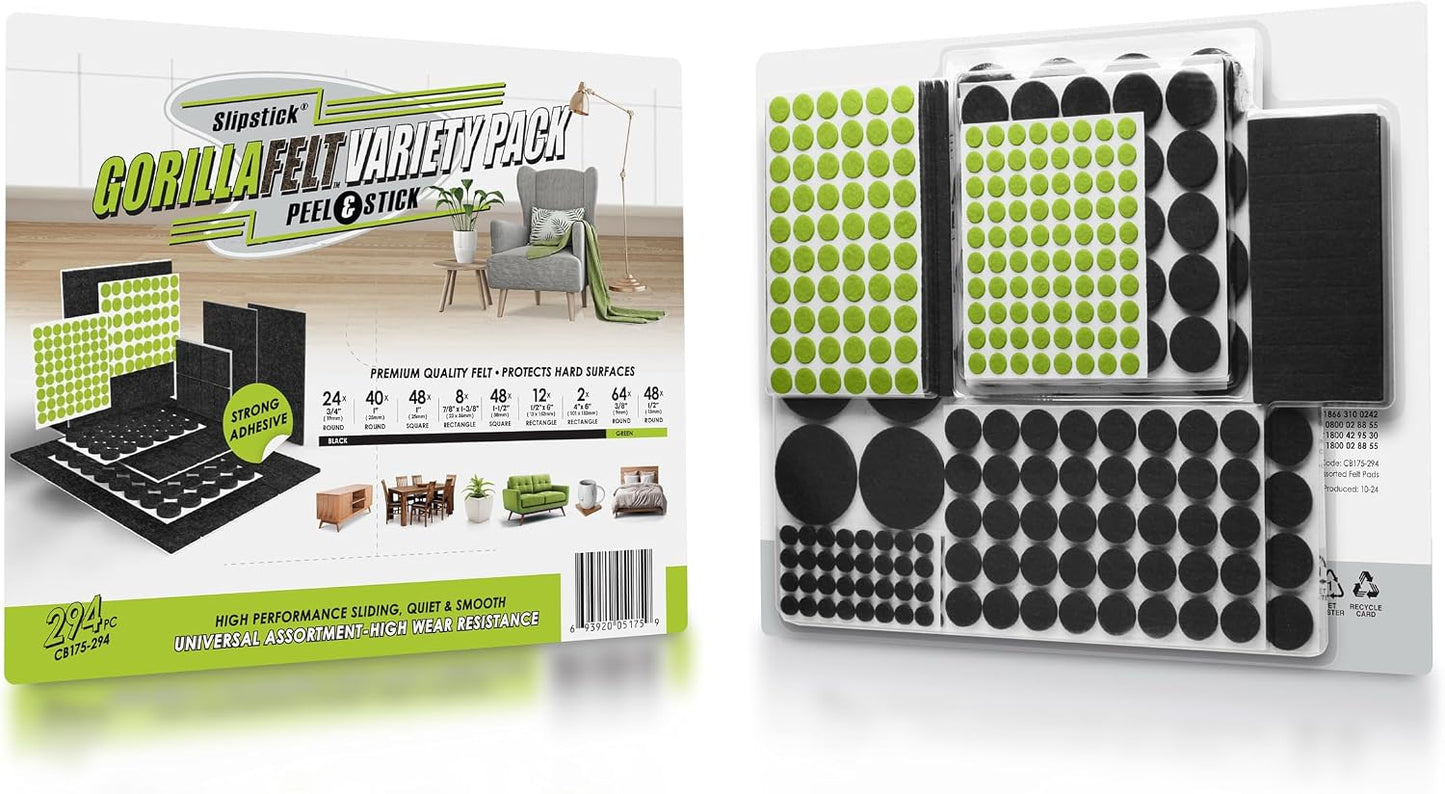 Slipstick Gorilla Felt Furniture Pads (189 Piece Variety Pack) Premium Furniture Pads & Chair Leg Floor Protectors for Hardwood Floors & Hard Surfaces