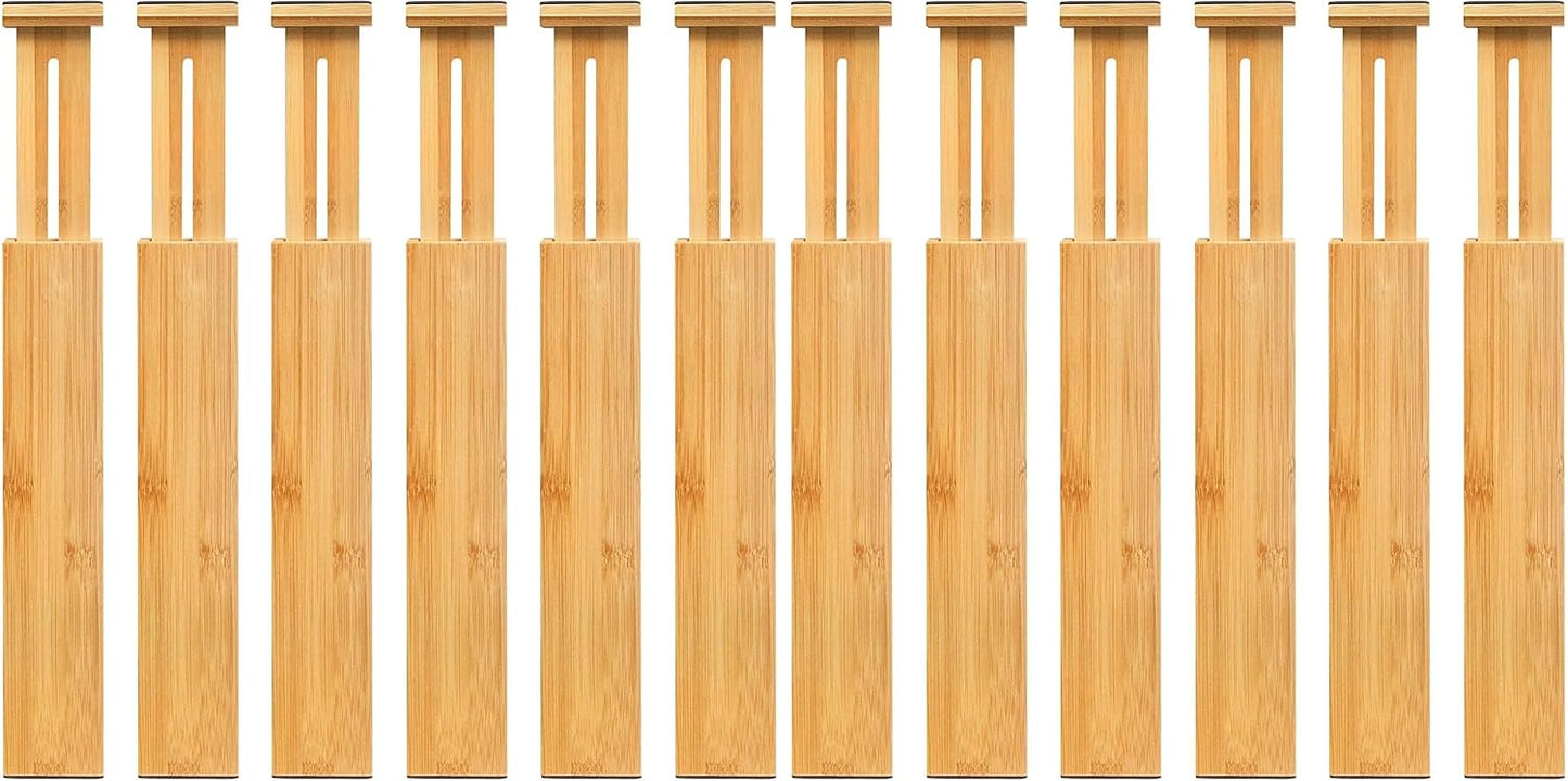 VaeFae 6-Pack Adjustable Bamboo Drawer Dividers, Expandable Drawer Organizer for Kitchen Utensils, Clothes, Bathroom, Office – Fits Drawer Interiors 16.6" to 21.8"