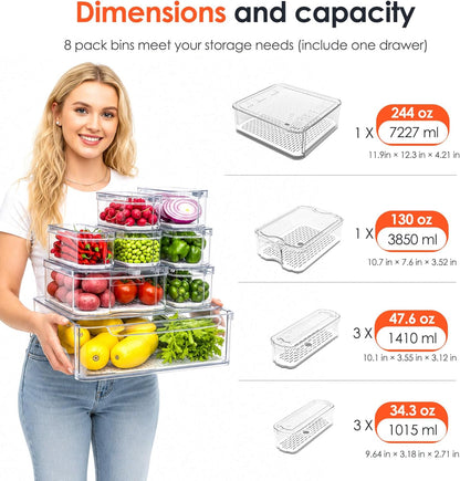SMRCAD 6 Pack Clear Fridge Organizer Bins with Drain Trays - Stackable | BPA-Free PET, 6 Pack: 6 lidded Bins (Not drawer), Helps Keep Produce Fresh, 14L Capacity, Hand Wash Only