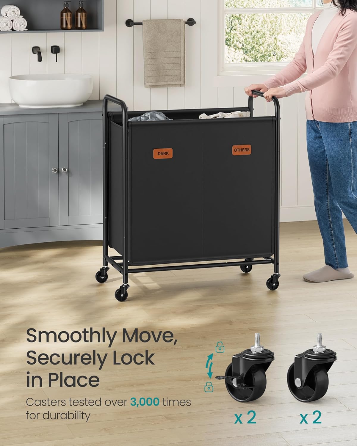 SONGMICS 2-Section Laundry Sorter, Laundry Hamper with Wheels, Rolling Clothes Hamper Cart with Large Capacity and Removable Bags, for Laundry Room, Bedroom, Bathroom, Ink Black URLS210B01 | Rolling Clothes Hamper Cart, Large Capacity, for Laundry Room,
