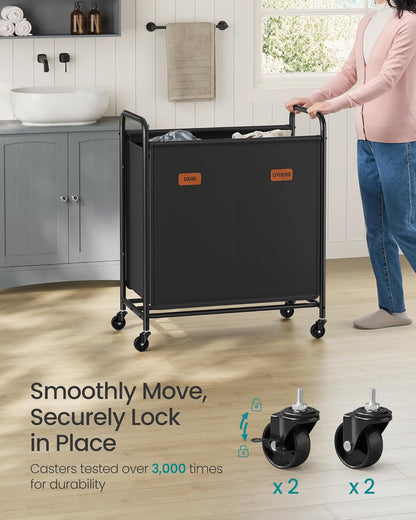SONGMICS 2-Section Laundry Sorter, Laundry Hamper with Wheels, Rolling Clothes Hamper Cart with Large Capacity and Removable Bags, for Laundry Room, Bedroom, Bathroom, Ink Black URLS210B01 | Rolling Clothes Hamper Cart, Large Capacity, for Laundry Room,