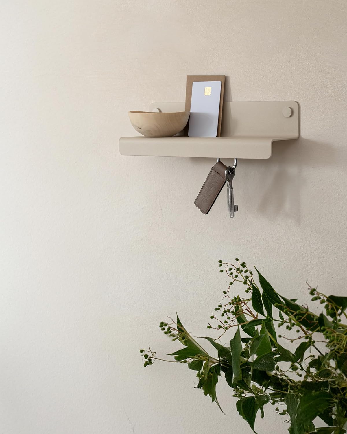 Kazai. Key Holder for Wall 'Holmsen' | Minimalist Key Hooks Design from Berlin | Modern Key Hanger with Metal Shelf | Key Hook Wall Mounted as Hallway Furniture | Sand Taupe