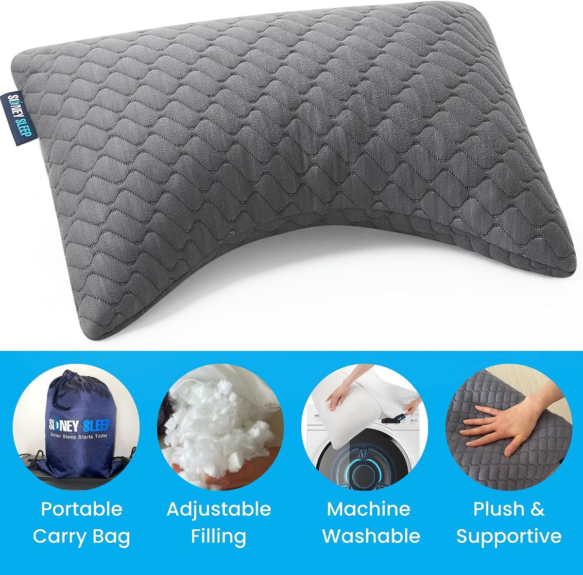 Sidney Sleep Adjustable Curved Pillows for Neck and Shoulder Support with Extra Shredded Fill - Cervical Contour Pillow for Side and Back Sleepers - Queen Size 19" x 29" CertiPUR-US Certified (White)