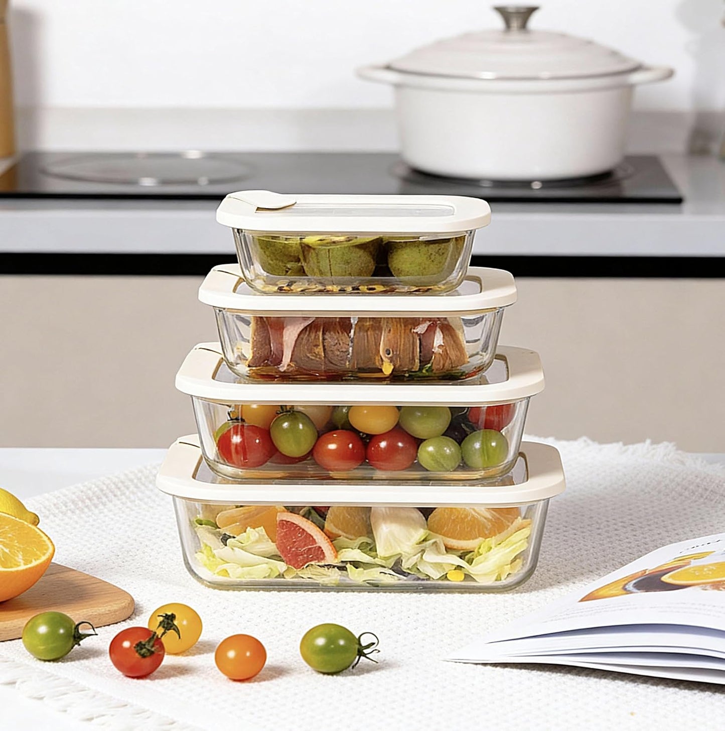 Glass Food Storage Containers with Glass Lids, Microwave Safe Food Container Set, Aitight Meal Prep Container Set, BPA Free, 2 extra Colanders, LeakProof, 2 Pack of 60oz