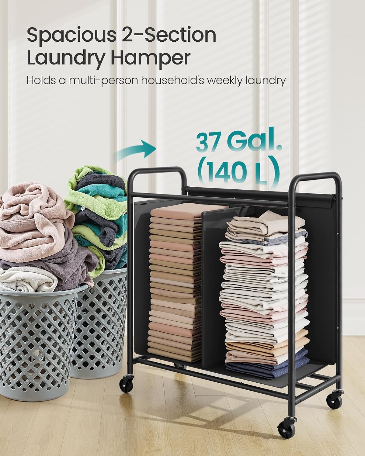 SONGMICS 2-Section Laundry Sorter, Laundry Hamper with Wheels, Rolling Clothes Hamper Cart with Large Capacity and Removable Bags, for Laundry Room, Bedroom, Bathroom, Ink Black URLS210B01 | Rolling Clothes Hamper Cart, Large Capacity, for Laundry Room,