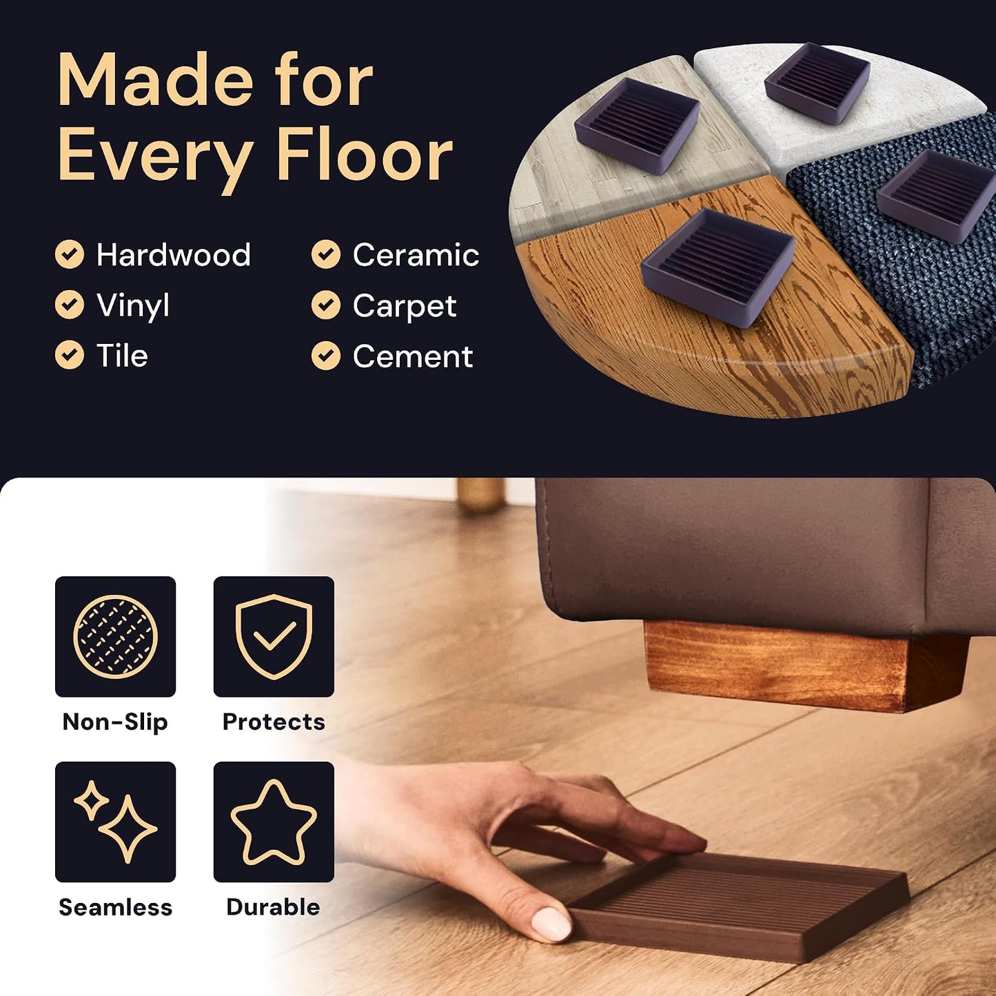 Non-Slip Furniture Pads - 4x4 in Brown, 4 Pack | Square rubber caster cups - anti-skid - Use for heavy sofas, beds & chairs on hardwood floors