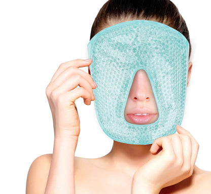 Hot and Cold Therapy Gel Bead Full Facial Mask by FOMI Care | Ice Face Mask for Migraine Headache, Stress Relief | Reduces Eye Puffiness, Dark Circles | Fabric Back (Full Face w/Eye Holes)