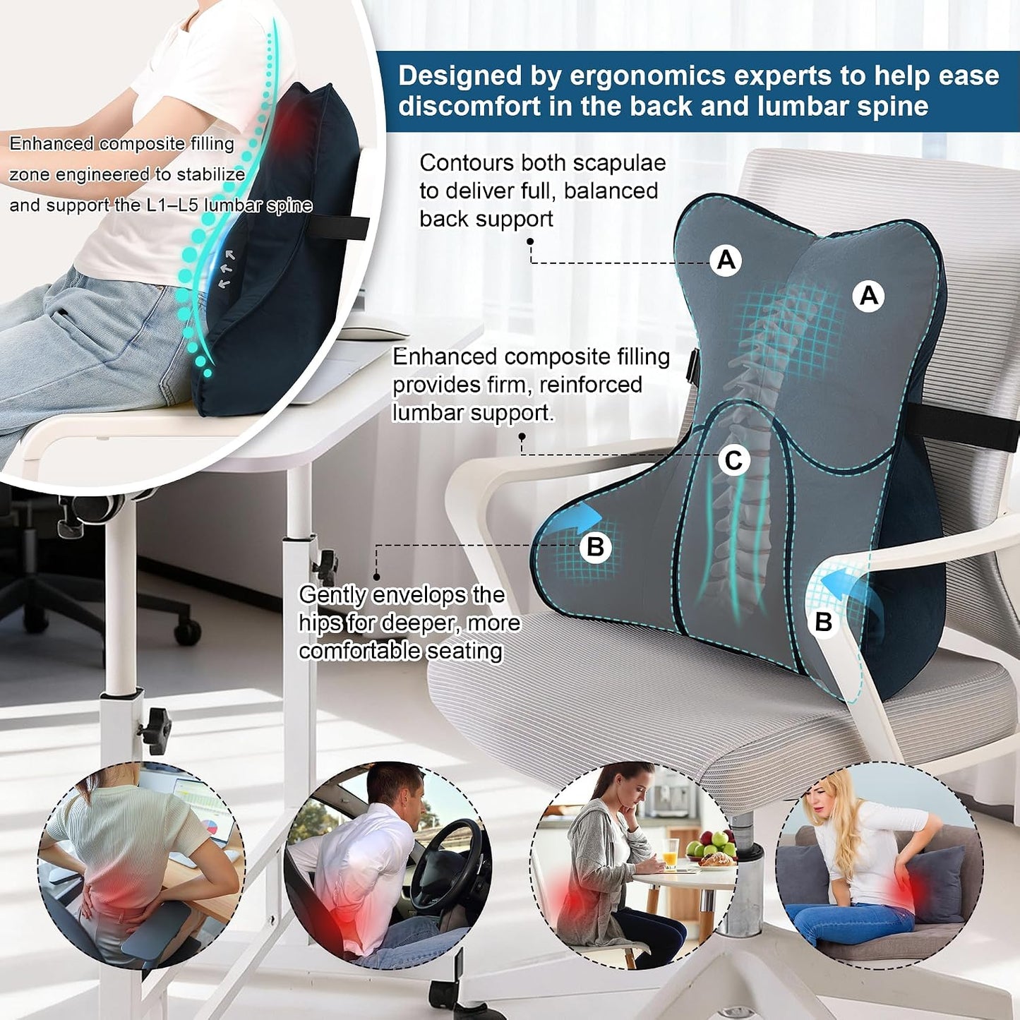 Lumbar Support Pillow(Pat. Pend) – Multi-Functional Ergonomic Back Cushion for Sofa Chair, Car Seat & Sofa, Reading Pillow with Firm Multi-Zone Support to Relieve Lower Back Pain, Misty White
