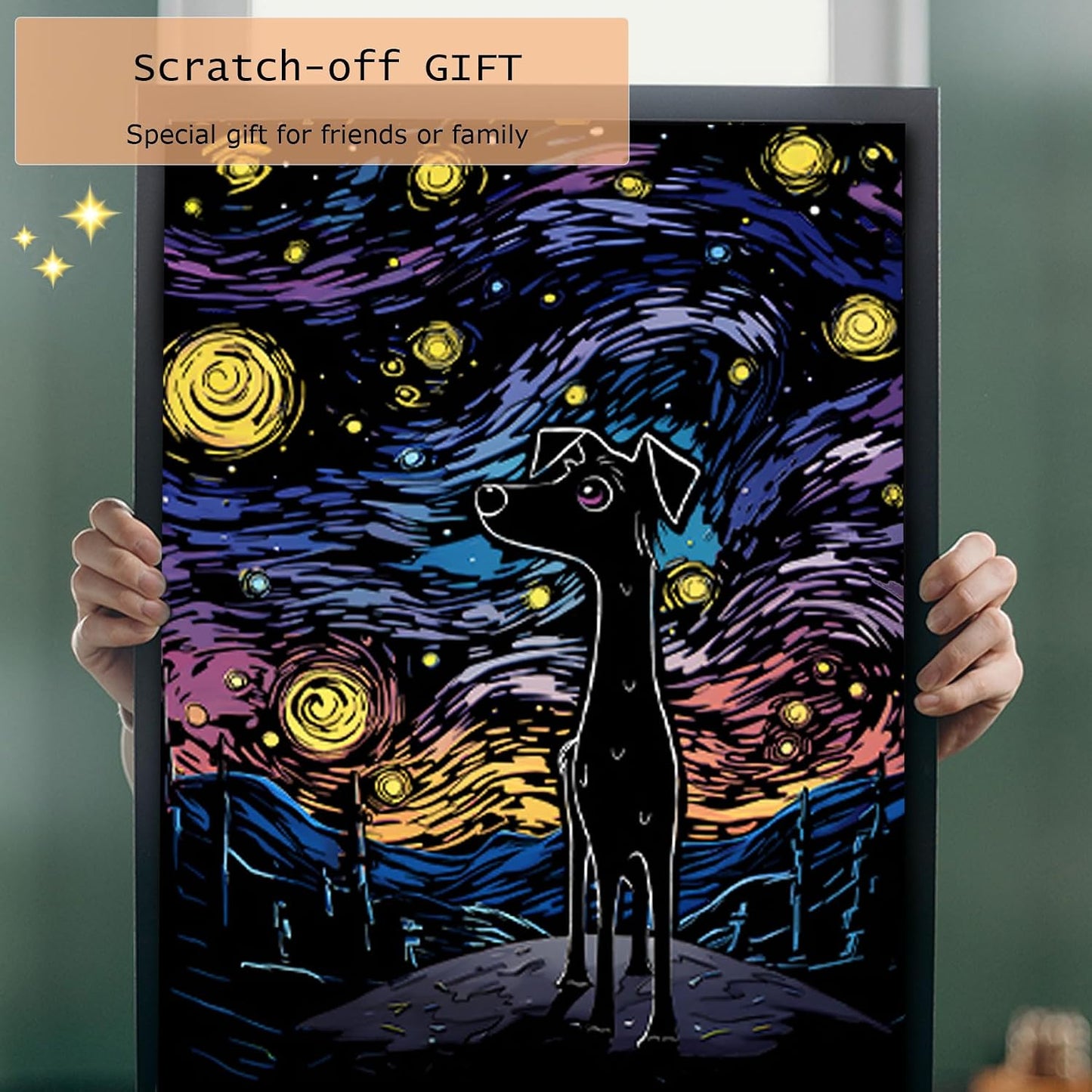 Luminous Scratch Paper Art Kit for Adults, 16x11.2in (Black Cat&Dog) | Rainbow Paper Art Scratch Kit, Mindful Meditation Craft for Adults, Stress Relief Activity, Screen Free&Creative Home Decor