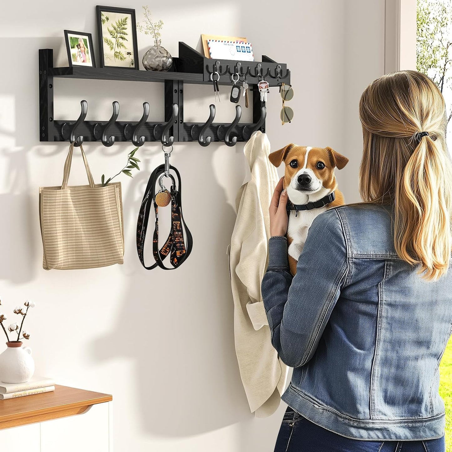 Evermagin 29" Coat Rack Wall Mount with Shelf & 11 Hooks, Entryway, Black | Wooden Wall Mounted Coat and Key Rack with Hooks, Key Hanger with Mail Holder for Living Room, Mudroom, Bedroom
