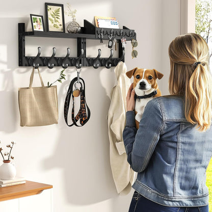Evermagin 29" Coat Rack Wall Mount with Shelf & 11 Hooks, Entryway, Black | Wooden Wall Mounted Coat and Key Rack with Hooks, Key Hanger with Mail Holder for Living Room, Mudroom, Bedroom