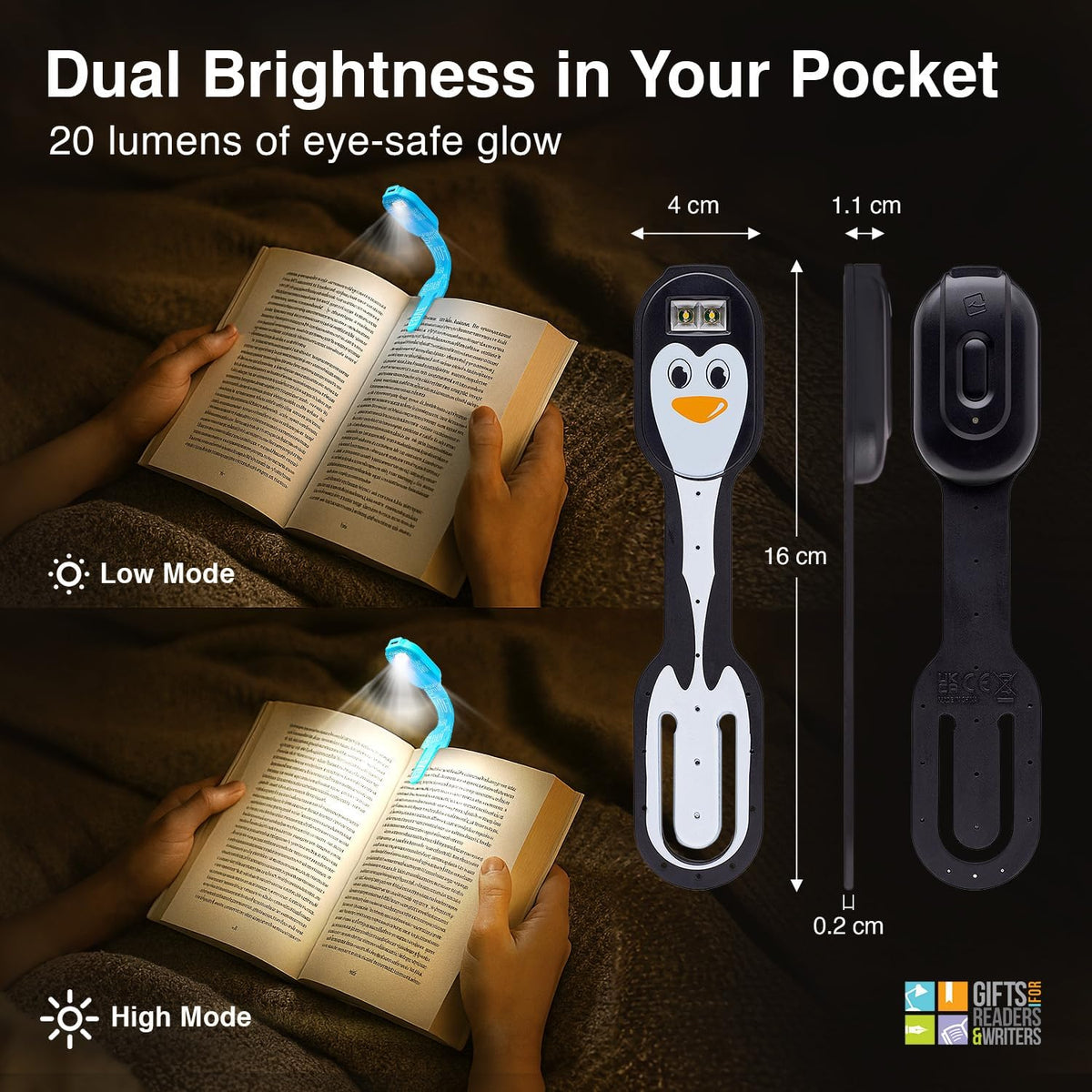 Gifts for Readers & Writers Rechargeable Book Light for Kids, Clip On Reading Light for Bed, 2in1 Flexilight Pals & Bookmark, 12 Hours of Light Once Charged, Includes USB Cable & 2 LED Lights, Dog