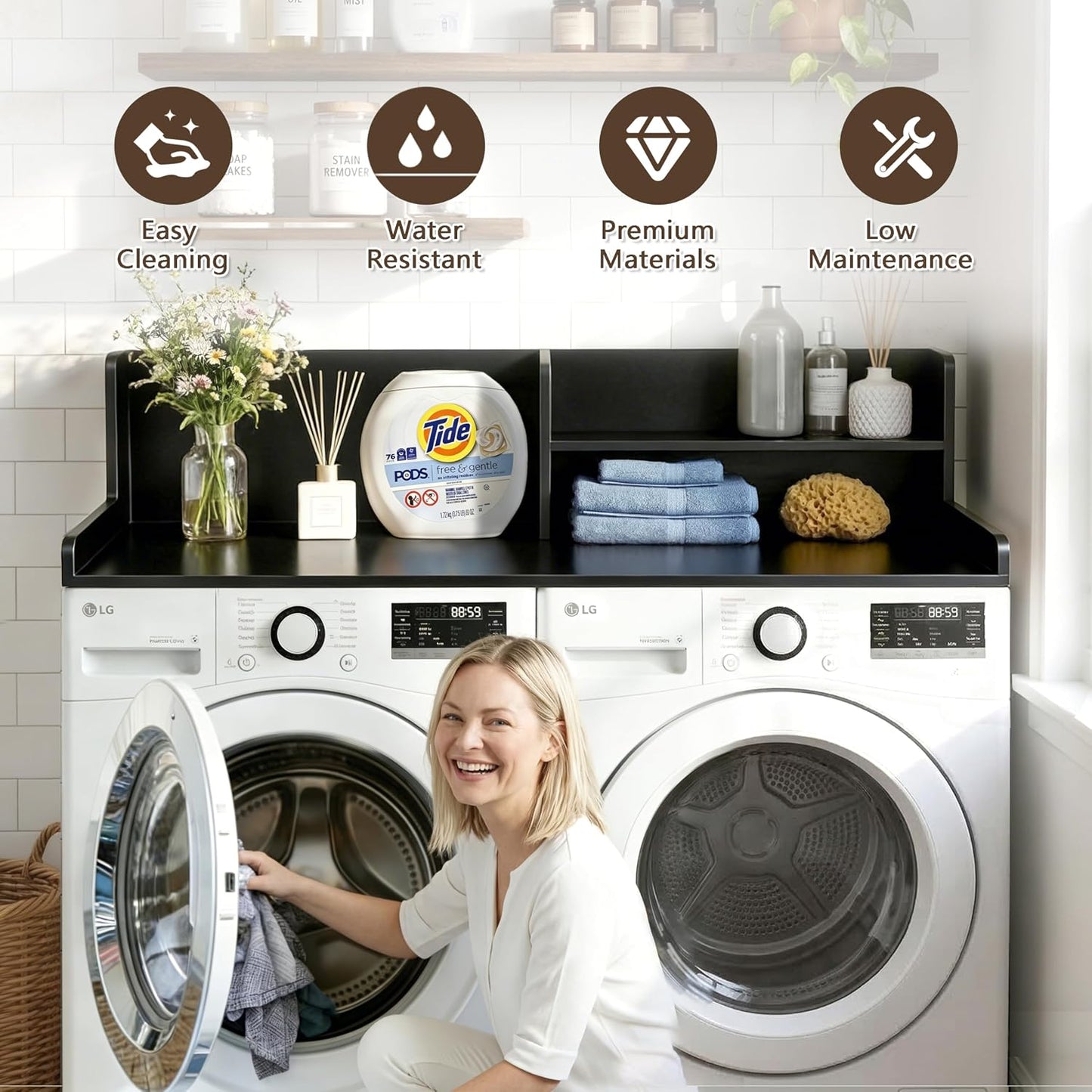 2-Tier Washer Dryer Countertop with Shelves & Metal Hooks, 27" W x 27.5" D Large Laundry Topper for Room Organization & Folding Clothes & Storage(Oak)