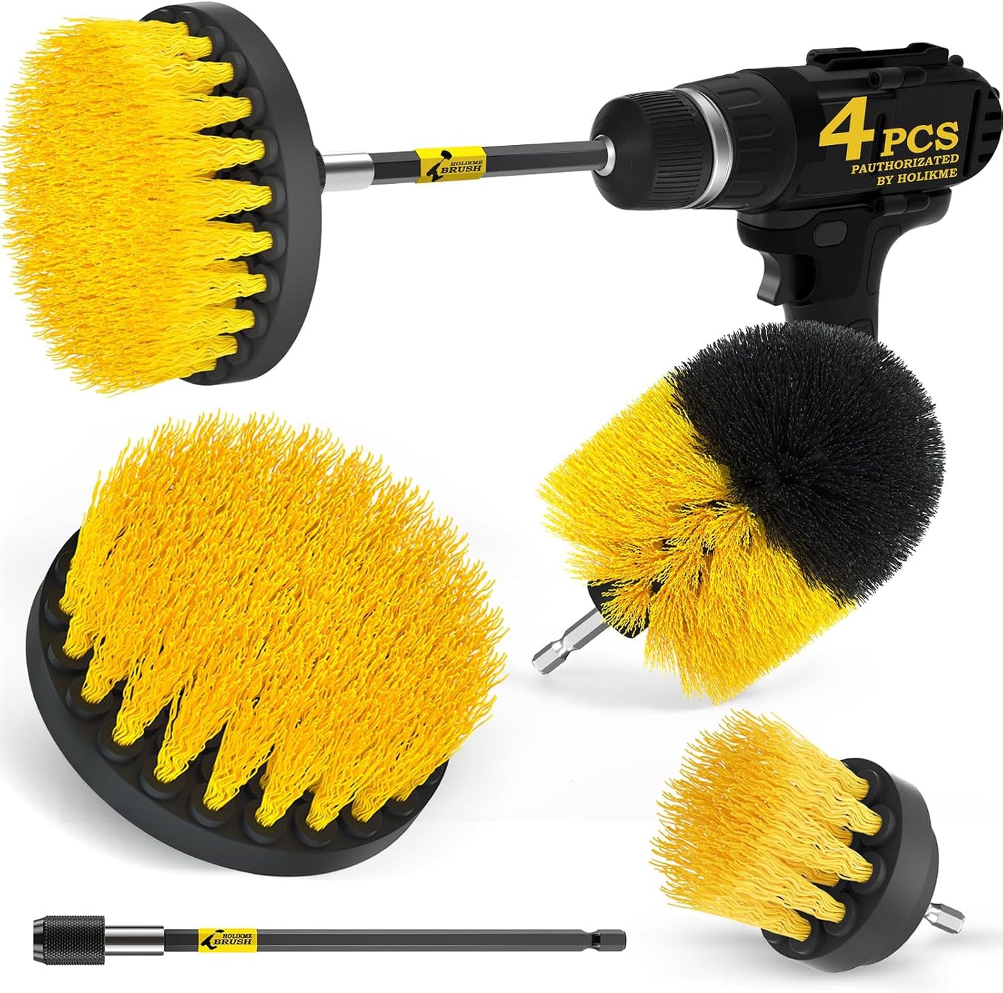 Holikme 4 Pack Drill Brush Attachments Set，Power Scrubber for Car & Home | 3 Brush Sizes,1 Extension Rod, Cleaning Supplies for Bathtub, Shower, Grout, Tile，Nylon Bristles, Yellow