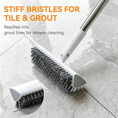 Scrub Brush with Long Handle, Extends to 55 in, Pivoting Triangle Head | Dual-direction stiff bristles work on push and pull strokes for bathtub, shower, tile, grout, patio and concrete