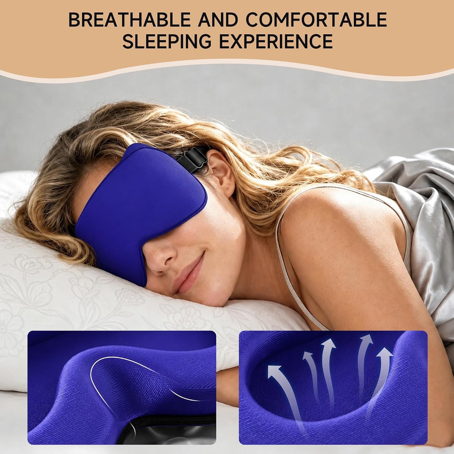 3D Blackout Sleep Mask, Memory Foam Eye Cover for Travel | Zero pressure 3D contoured design with adjustable strap. Perfect for side sleepers, travel, and lash extensions.