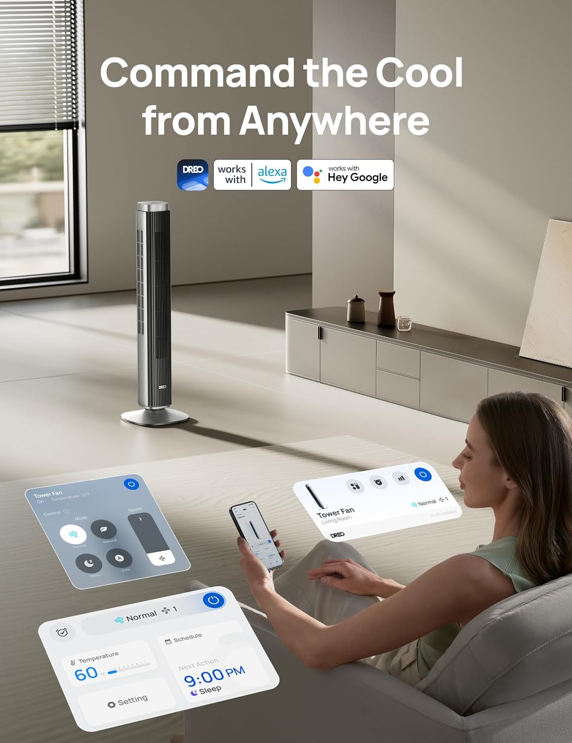 DREO Tower Fan for Bedroom, 90° Oscillating Fans that Blow Cold Air
