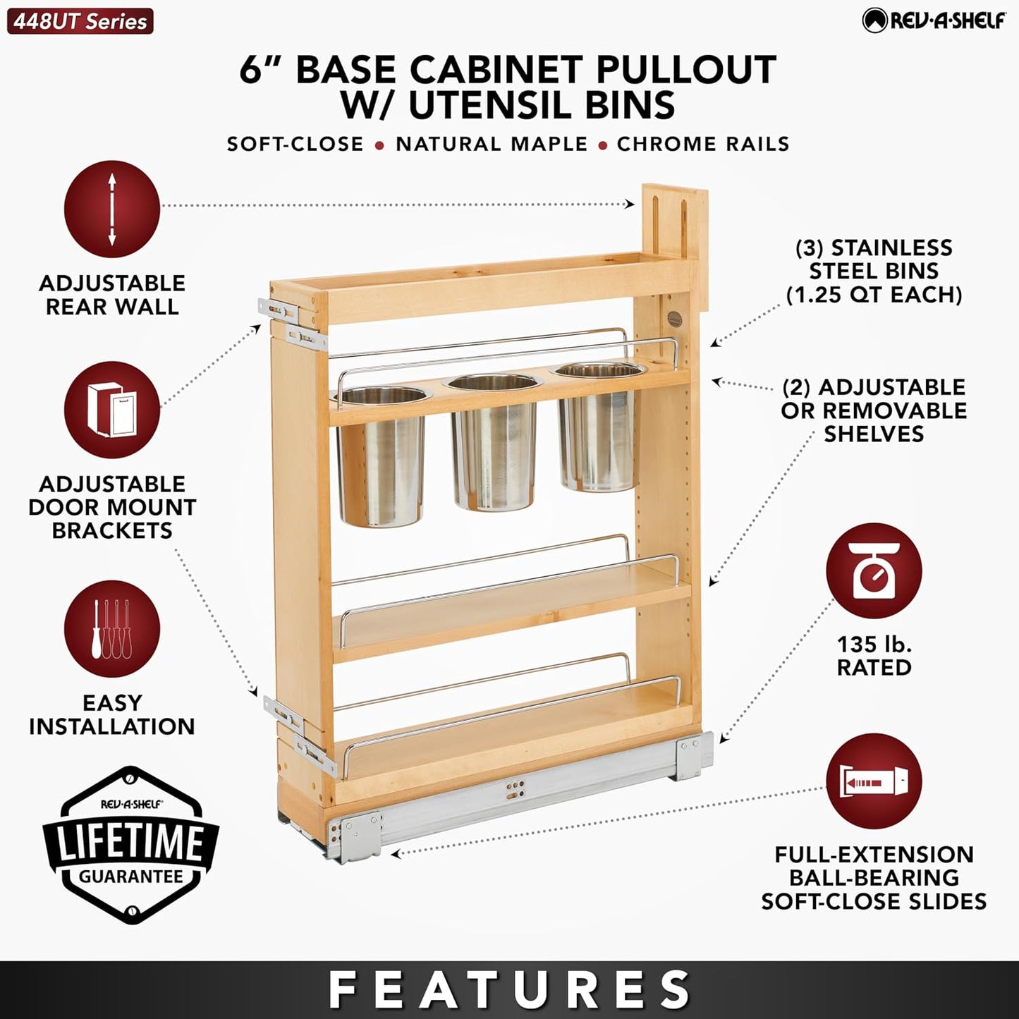 Rev-A-Shelf Pullout Organizer w/Soft-Close, Min Cabinet Opening 5.5" W | 5" W Slide Out Pantry Spice or Utensil Storage Rack w/BLUM Soft-Close & Adjustable Shelves for Base Cabinet, 448UT-BCSC-5C