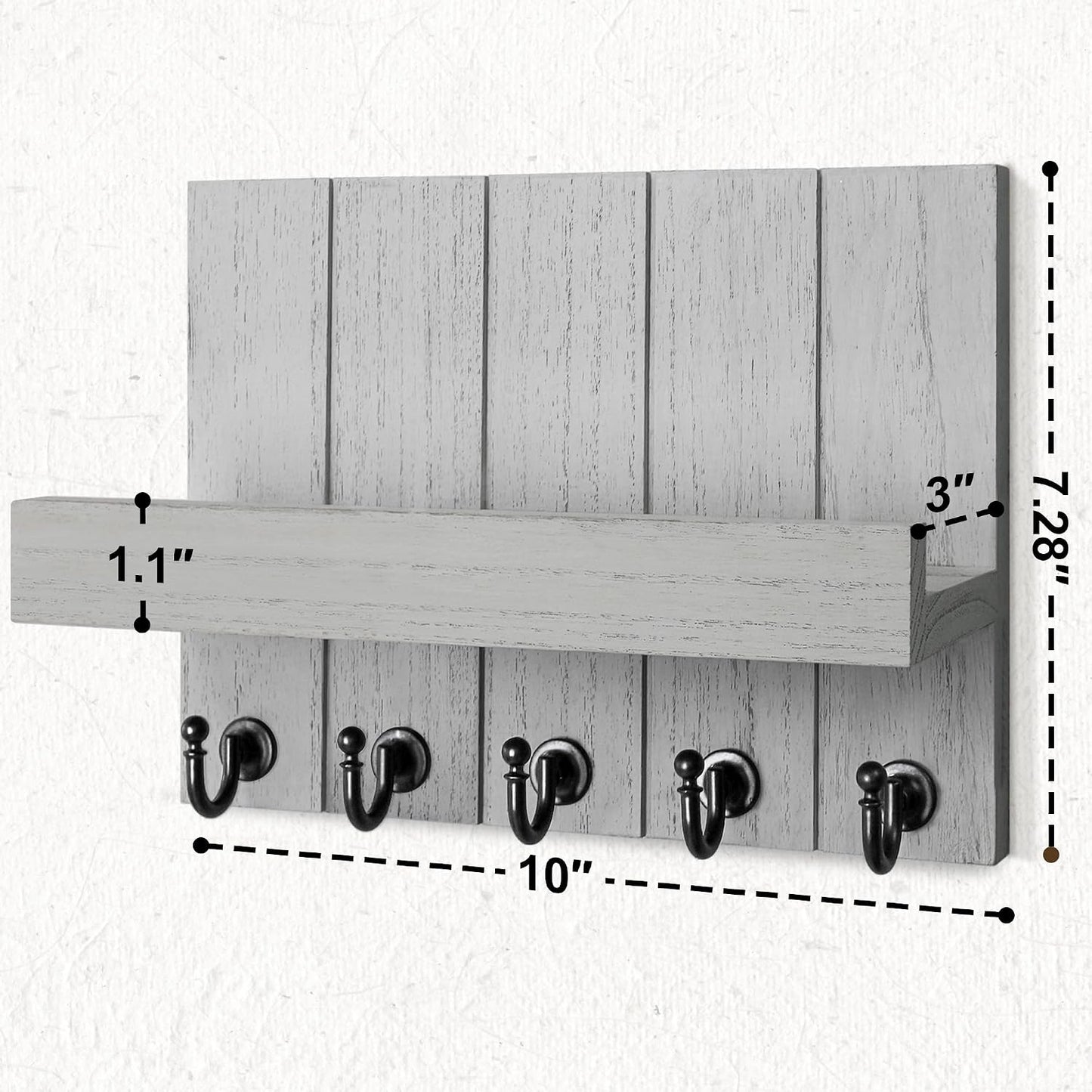 Rebee Vision Key Holder Wall Mount with 5 Key Hooks for Home Decor, Brown | 3.54'' x 10'' x 7.28'', Small Shelf for Display Plant, Key Hangers for Hat, Entryway Space-Saving Storage