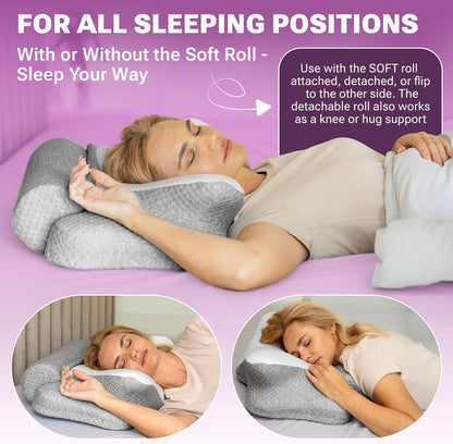 3-in-1 Orthopedic Pillow, Cervical Neck Pillow for Sleeping, Adjustable Height Memory Foam Neck Pillow and Detachable Roll, Contour Pillow for Neck Pain Relief for All Sleeping Positions (Gray)