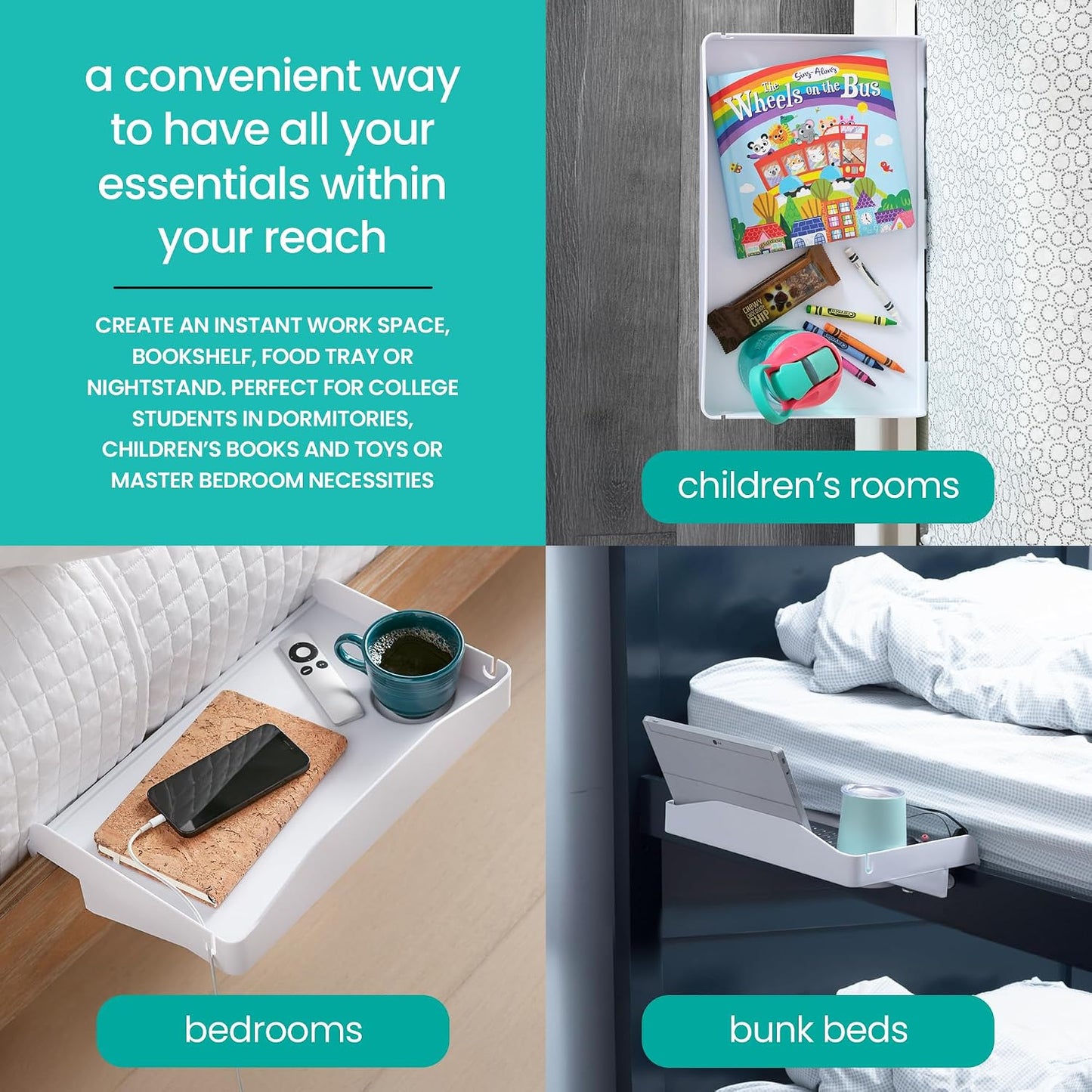 Modern Innovations 2 Count Bedside Organizer for Bed – Clip On Tray with Cup & Cord Holder – for College Dorm, Top Bunk, or Kids Bedroom (White)