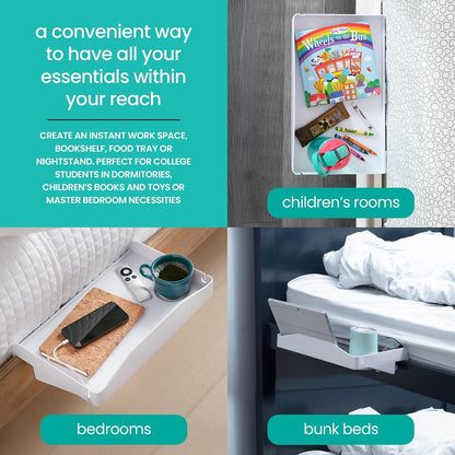 Modern Innovations 2 Count Bedside Organizer for Bed – Clip On Tray with Cup & Cord Holder – for College Dorm, Top Bunk, or Kids Bedroom (White)