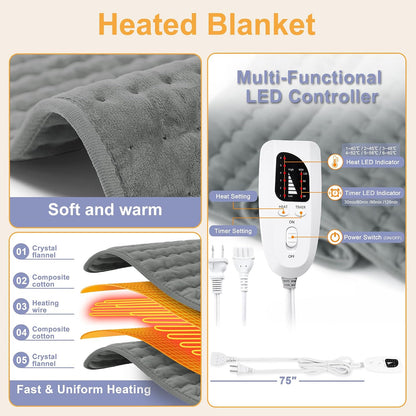Heating Pad,Heated Blanket,Heating Pad for Back Neck,Grey,24x12 Inch | Electric Heating Pad,Dry/Moist Heat Heating Pads,Heating Pads for Shoulder,Abdomen,Heat Pad for Women Men,Birthday Gift
